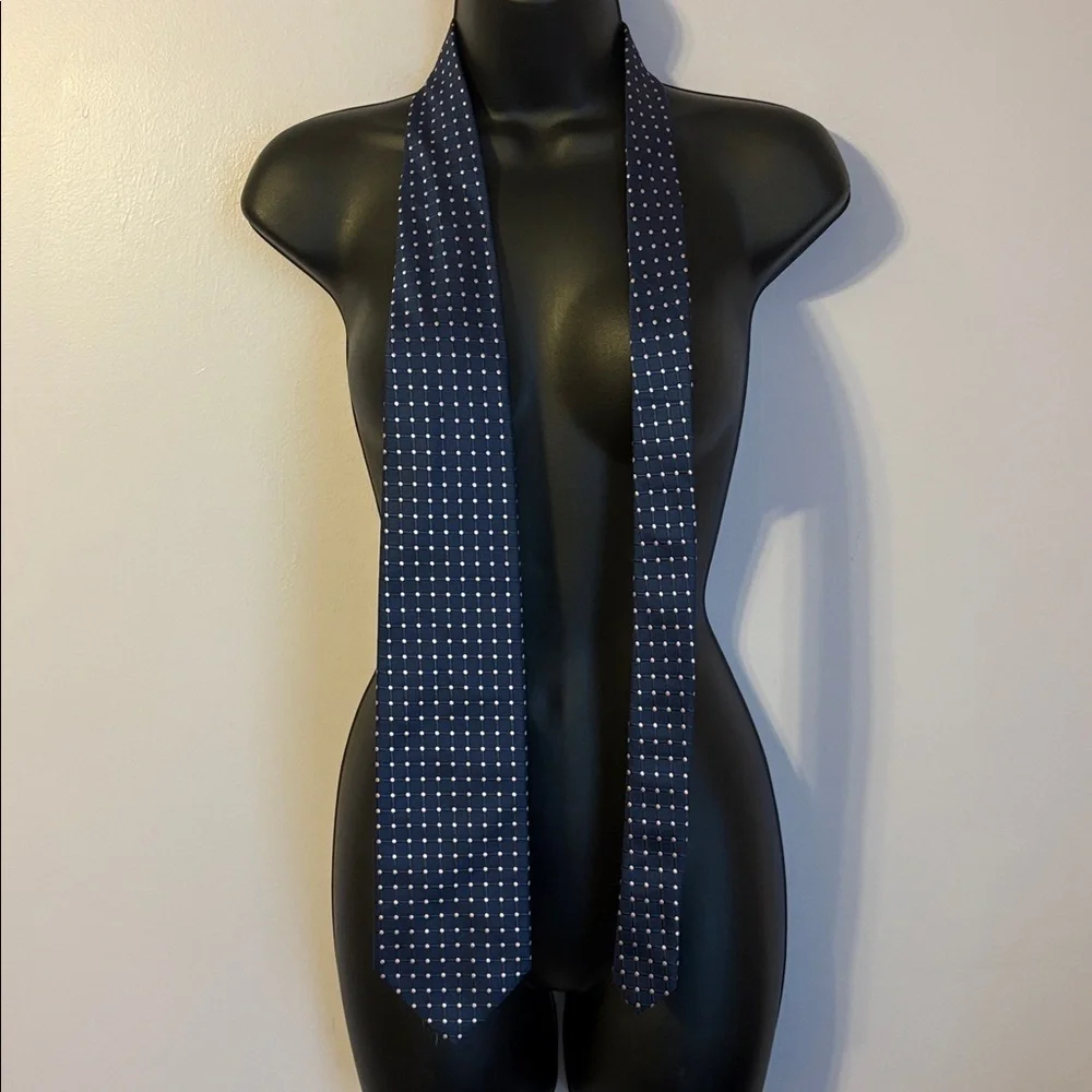 Barneys New York Blue With Pink Polka Dot Windowpane Design Silk Necktie Tie